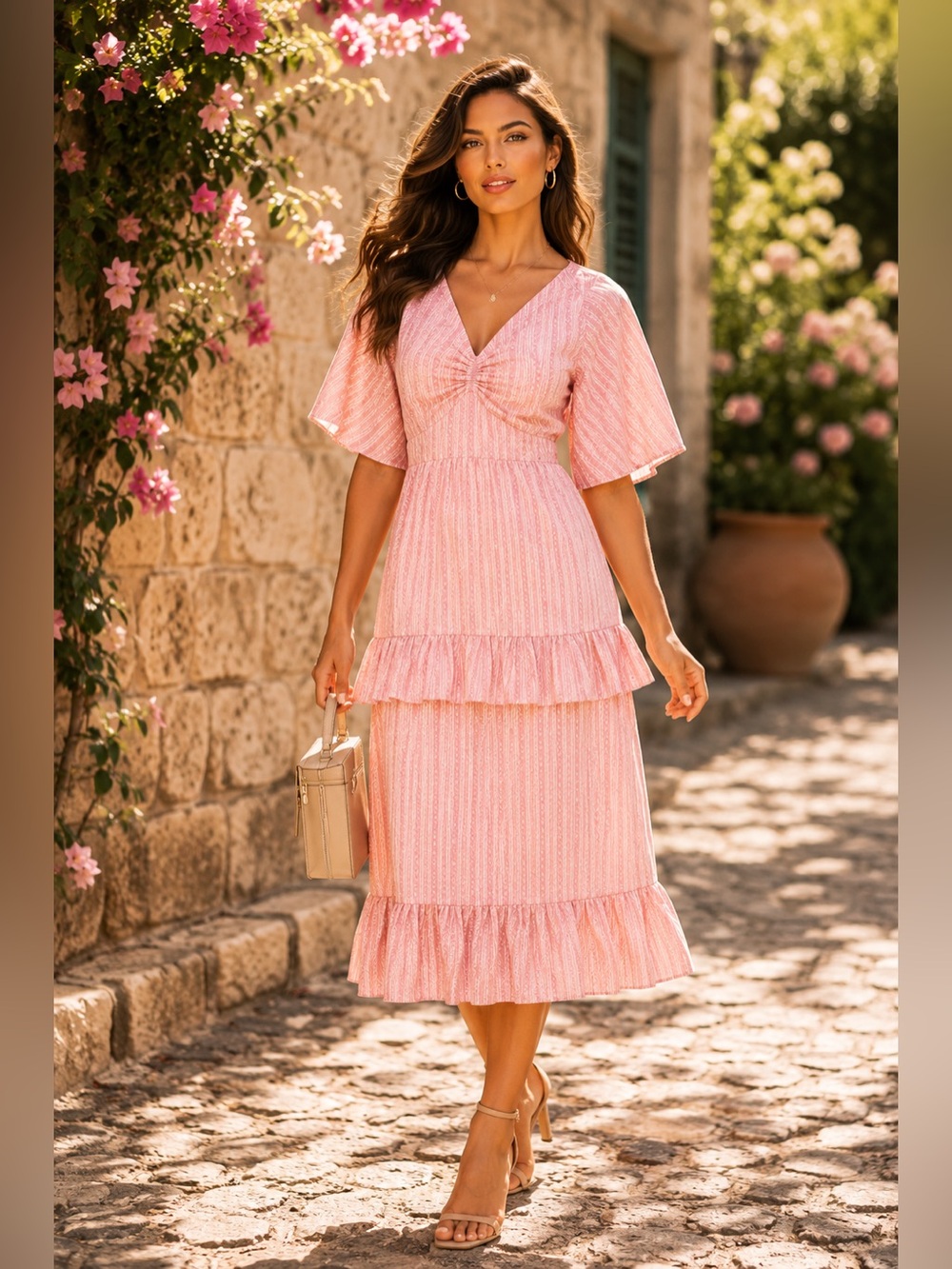 Tularosa Everly Pink Stripe Ruffle Midi Dress Small Cottagecore Linen Blend
